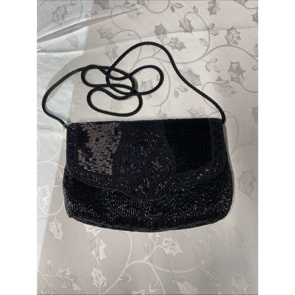 Vintage La Regale Black Beaded Evening Bag Crossbody Purse Clutch Magnetic Snap